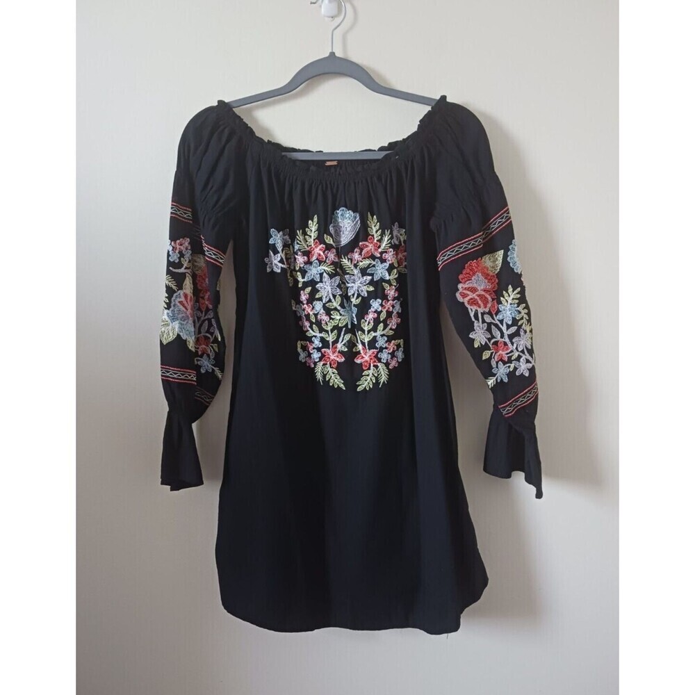 Free People Boho Embroidered‎ Mini Dress Womens Black Off Shoulder Size S